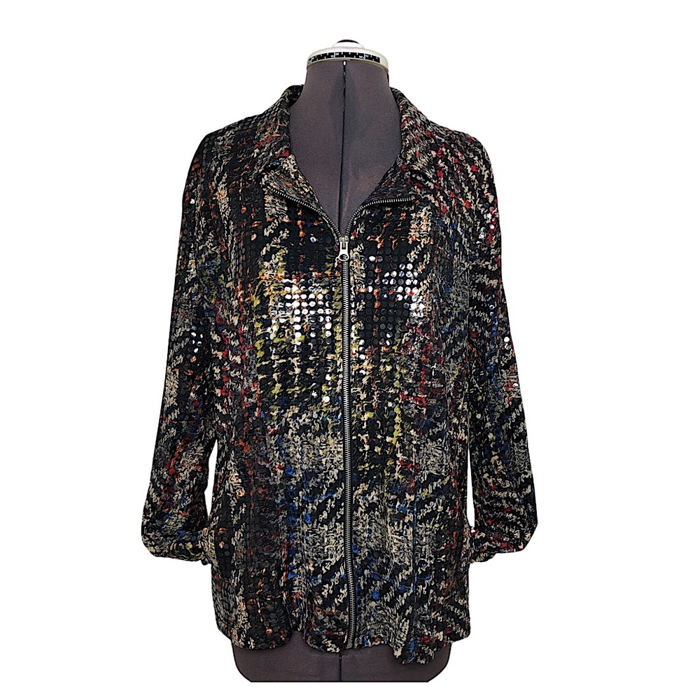 N Touch Clear Sequined Lightweight Zipper Pockets Multicolor Disco Jacket XL